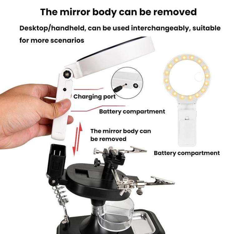 5x 10x Desktop Handheld Magnifying Glass 32 LEDs Soldering Iron Maintenance Workbench(White)