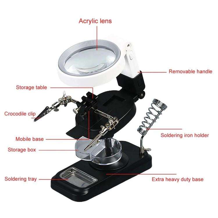 5x 10x Desktop Handheld Magnifying Glass 32 LEDs Soldering Iron Maintenance Workbench(White)