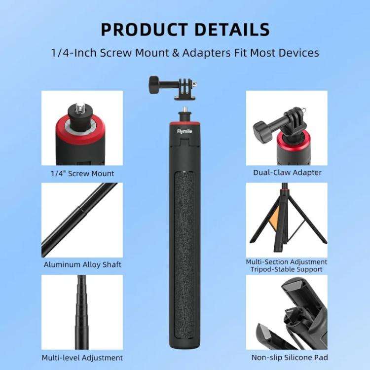 Flymile 1.4m Extendable Selfie Stick Tripod For Action Cameras One-Button Quick Setup Monopod Wit...