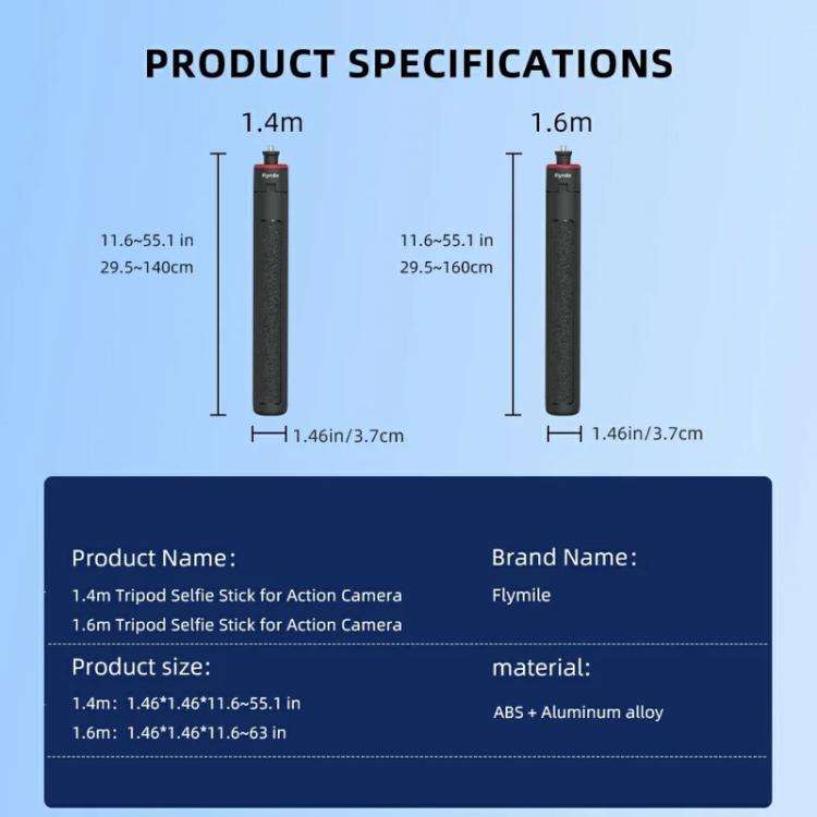 Flymile 1.4m Extendable Selfie Stick Tripod For Action Cameras One-Button Quick Setup Monopod Wit...