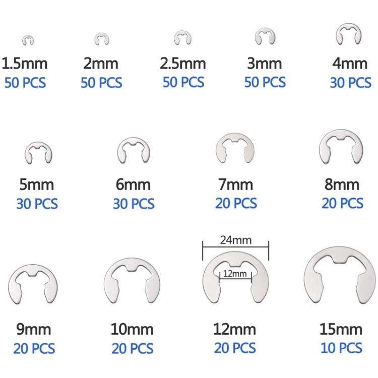 400pcs /Set 1.5-15mm Stainless Steel E-Type Open Circlips Boxed(222g)