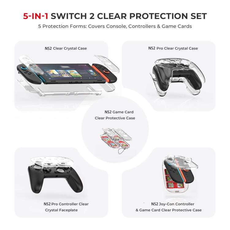 For Nintendo Switch 2 JYS 5-in-1 Crystal Case Full Protection Set Includes Console Shell, Joy-con...