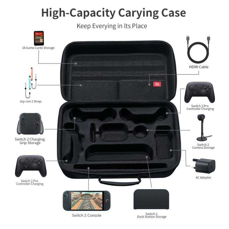 For Nintendo Switch 2 JYS All-in-One Storage Carrying Case Organizer with Shoulder Strap Fits Doc...