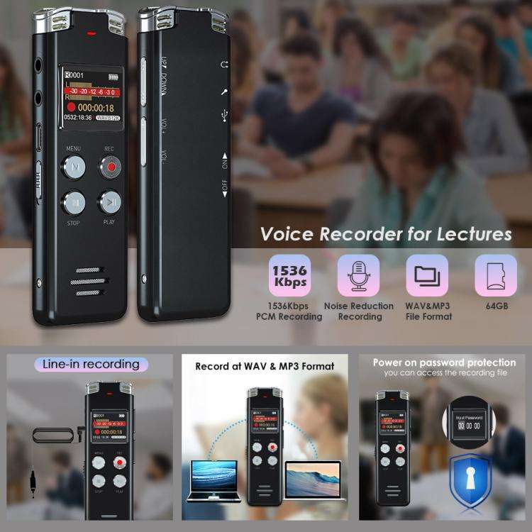 Portable HD Noise-Cancelling Voice-Activated Digital Voice Recorder For Conferences, Capacity: 64GB