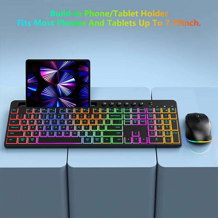 RGB Backlit Rechargeable Wireless Keyboard and Mouse Combo with Tablet Slot for Gaming, Office, a...