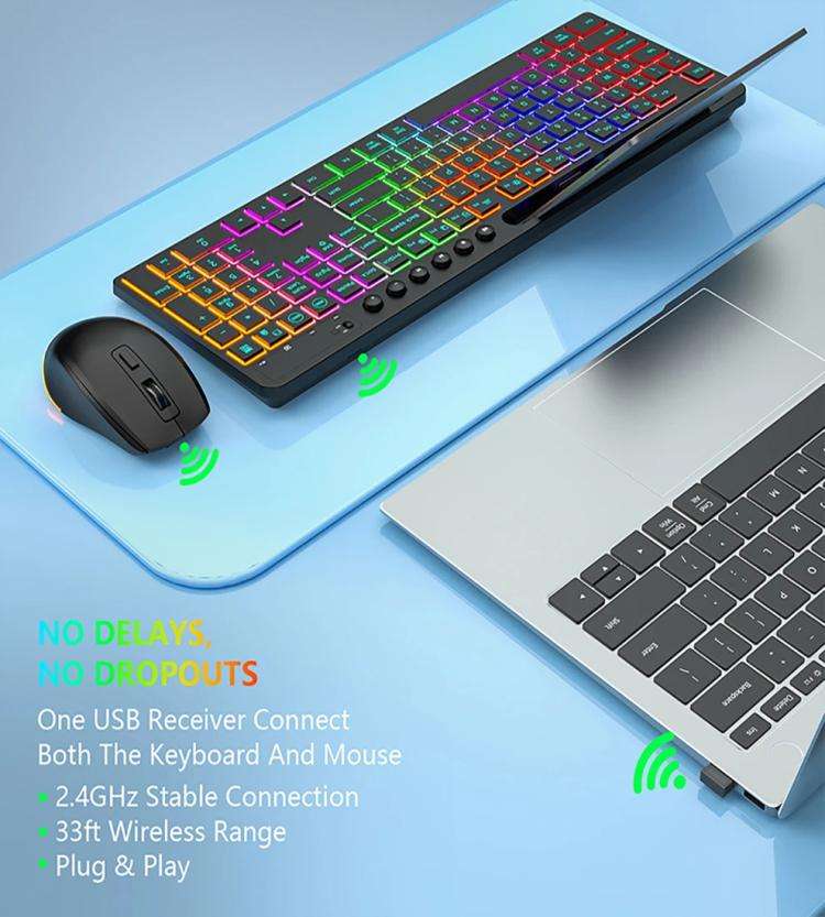RGB Backlit Rechargeable Wireless Keyboard and Mouse Combo with Tablet Slot for Gaming, Office, a...