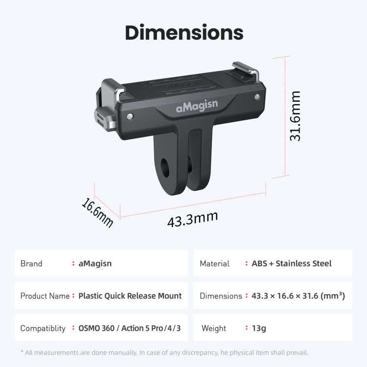 For DJI Osmo 360/Action 5 Pro/4/3 aMagisn Magnetic Quick-Release Adapter Plastic Snap-On Base(Black)