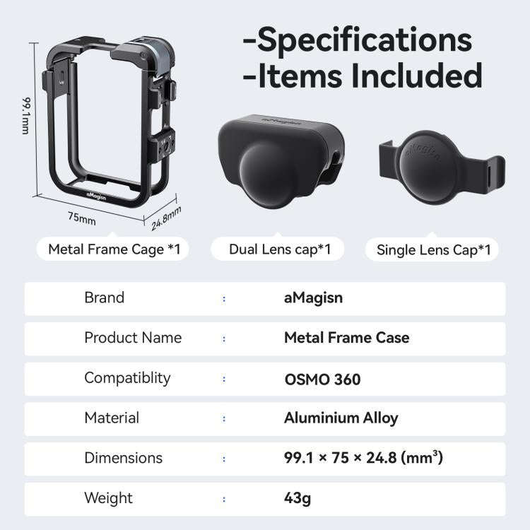 For DJI Osmo 360 AMagisn Quick-Release Metal Cage With Dual/Single Lens Caps Camera Mount Rig(Smo...