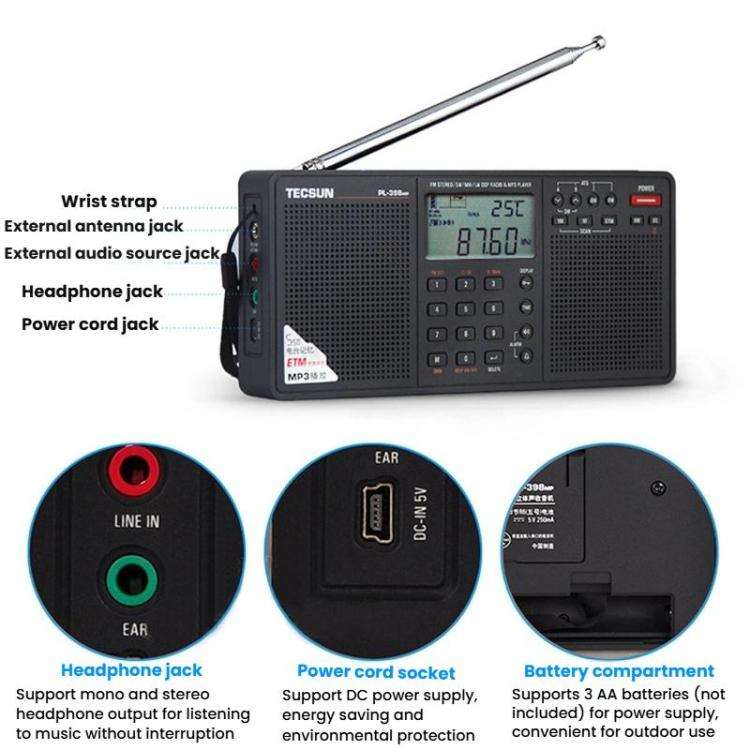 TECSUN PL-398MP Stereo Portable Full-Band Digital Tuning Radio Support SD Card Playback, Spec: St...