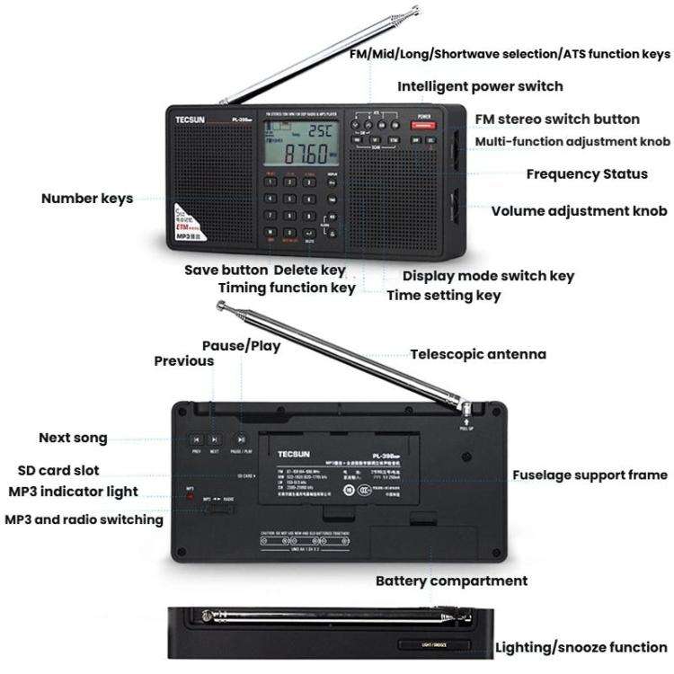 TECSUN PL-398MP Stereo Portable Full-Band Digital Tuning Radio Support SD Card Playback, Spec: St...