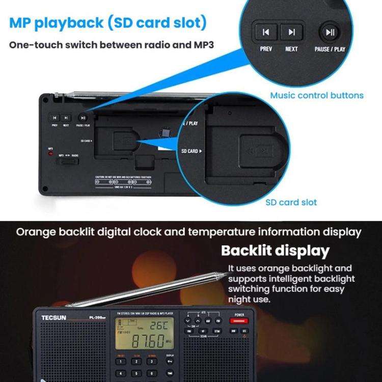 TECSUN PL-398MP Stereo Portable Full-Band Digital Tuning Radio Support SD Card Playback, Spec: St...