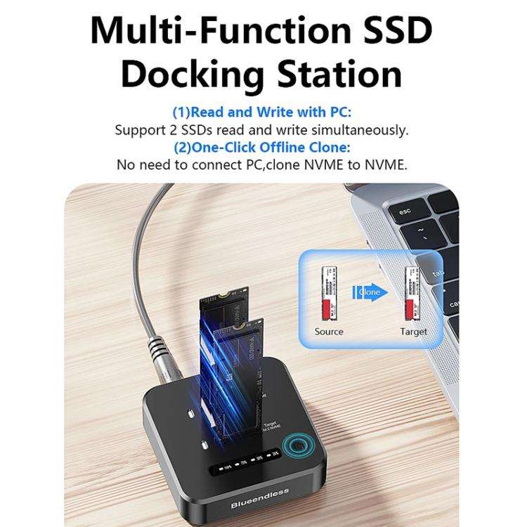 Blueendless SD08A M.2 NVMe SSD Docking Station Dual-Bay USB 3.2 Gen2 10Gbps External Drive Enclos...