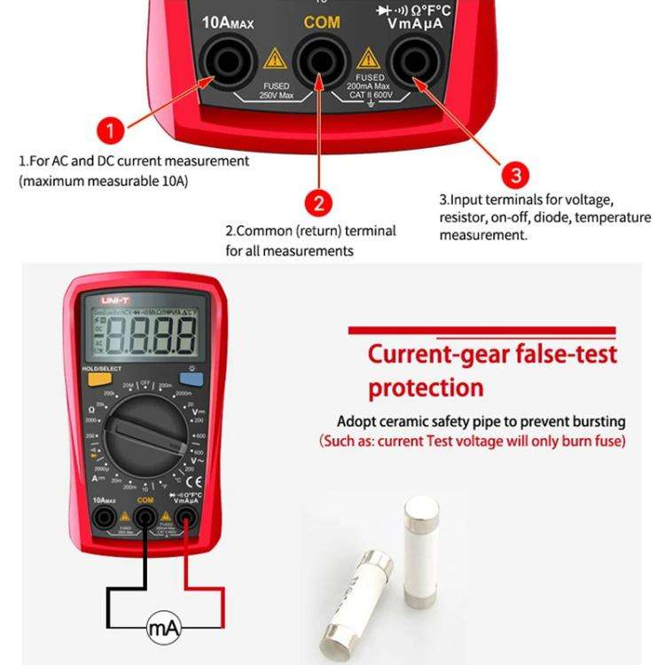 UNI-T UT33C+ Palm Size Multimeter With Backlit LCD Display, 600V 10A AC/DC Voltage Tester