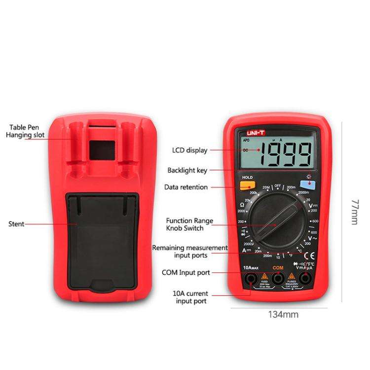 UNI-T UT33C+ Palm Size Multimeter With Backlit LCD Display, 600V 10A AC/DC Voltage Tester