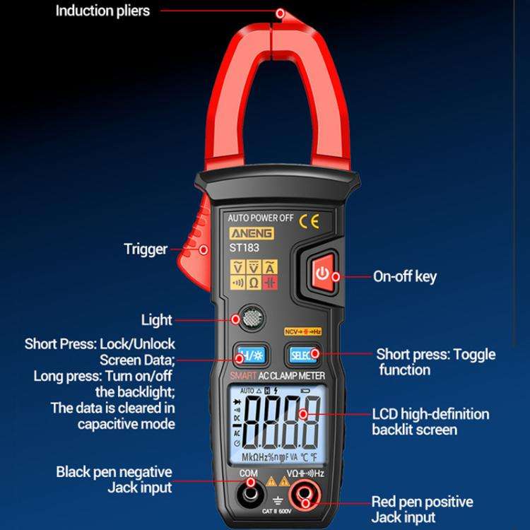 ANENG ST183 600A Digital Clamp Meter With NCV, 4000 Counts, Tests Continuity/Resistance/Capacitan...