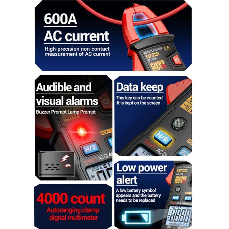 ANENG ST183 600A Digital Clamp Meter With NCV, 4000 Counts, Tests Continuity/Resistance/Capacitan...