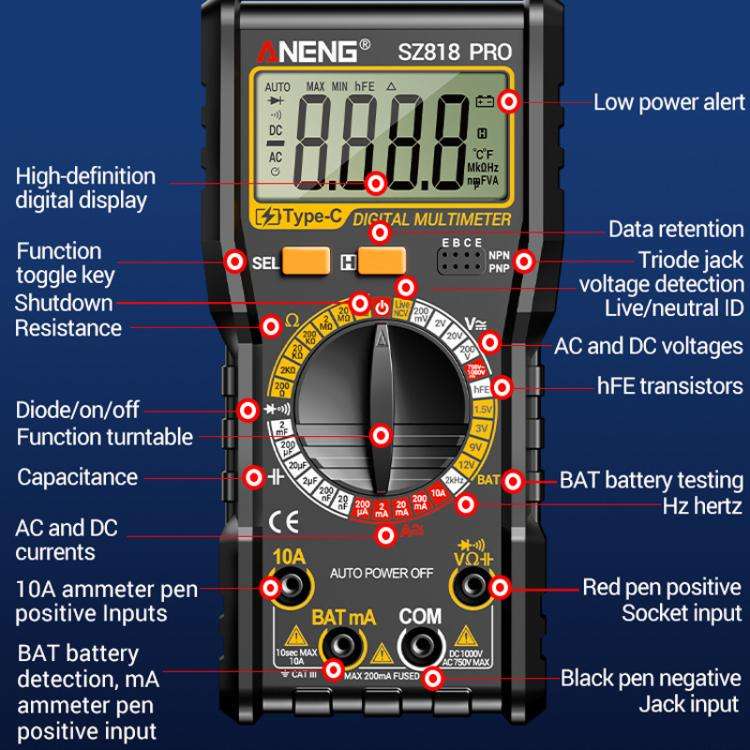 ANENG SZ818 Pro  Rechargeable Digital Multimeter with NCV Detection Voltage Tester for AC/DC Curr...