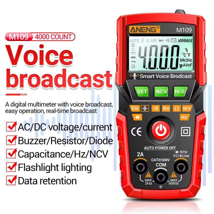 ANENG M109 Digital Multimeter With Voice Guide 4000 Counts, NCV Detection, Capacitance/Resistance...