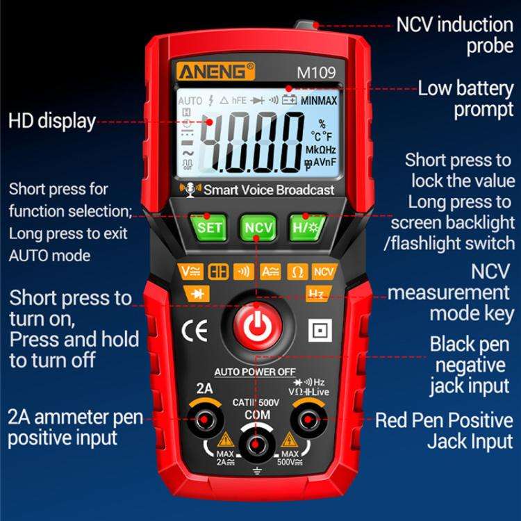 ANENG M109 Digital Multimeter With Voice Guide 4000 Counts, NCV Detection, Capacitance/Resistance...