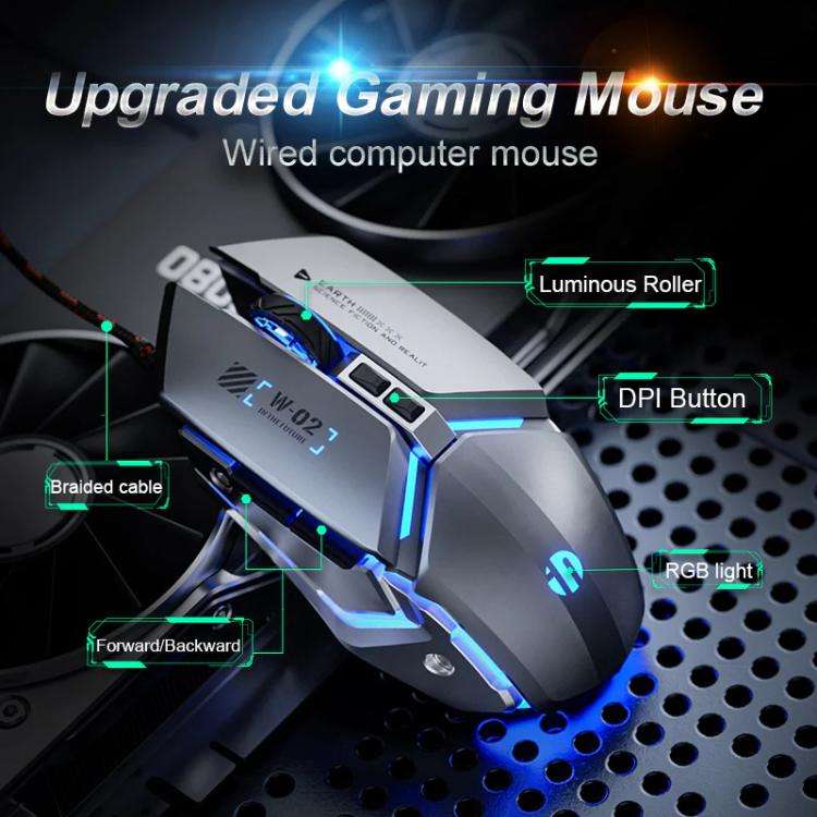 Inphic W-02 USB Wired Mouse Gaming Macro-Programmable Illuminated Computer Mice(Gray)