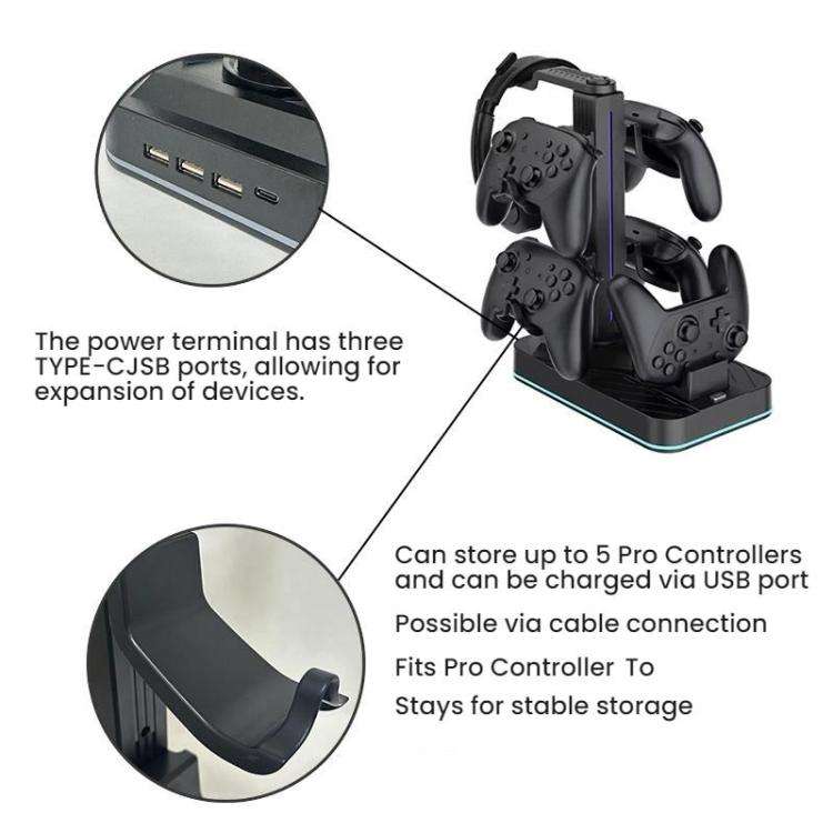 For Nintendo Switch 2 Pro Controller Headphone Storage Rack Charging Base(Black)