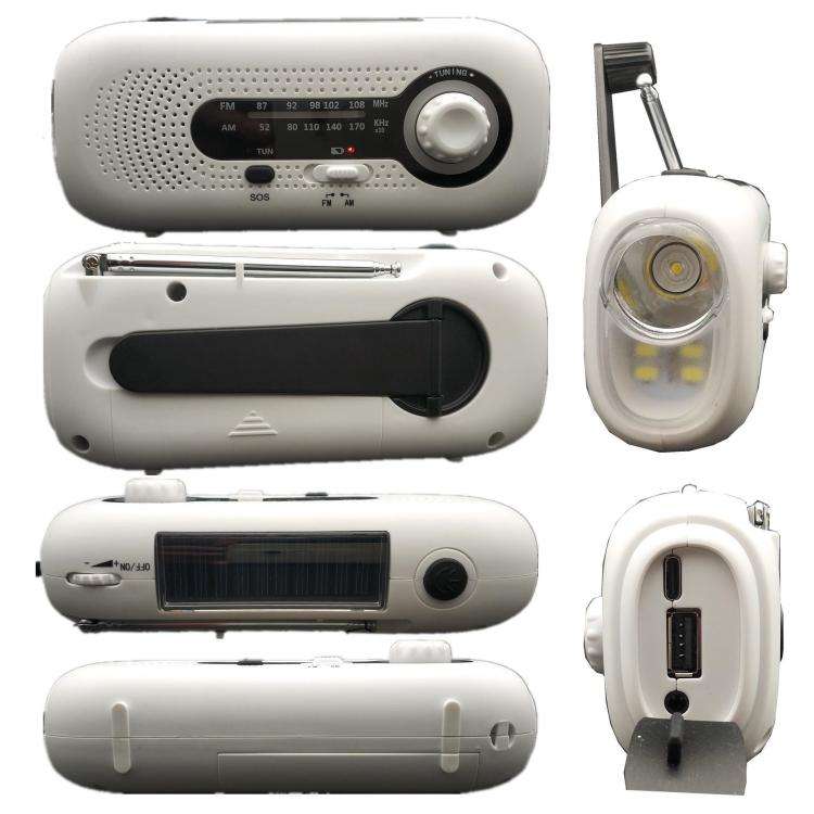 SOS Emergency Solar Hand Crank Weather Radio, No Battery, Size: US Version(White)