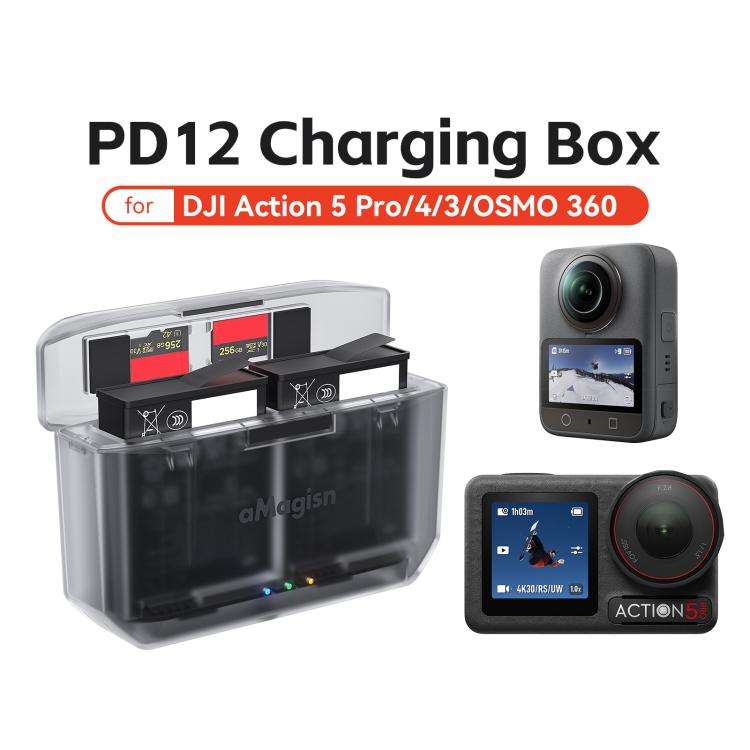 AMagisn PD12 Charging Case Battery Charger For DJI Osmo 360 II / Osmo 360 / Action 5 Pro / 4 / 3(...