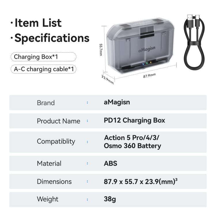 AMagisn PD12 Charging Case Battery Charger For DJI Osmo 360 II / Osmo 360 / Action 5 Pro / 4 / 3(...