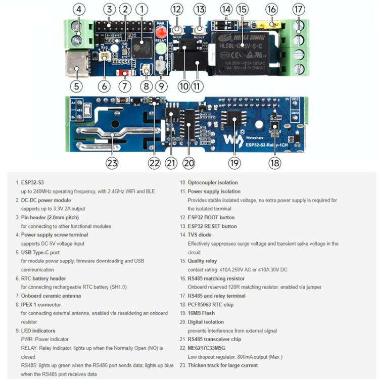 WAVESHARE ESP32-S3-Relay-1CH Industrial Control Board WiFi Network Relay Supporting WiFi / Blueto...
