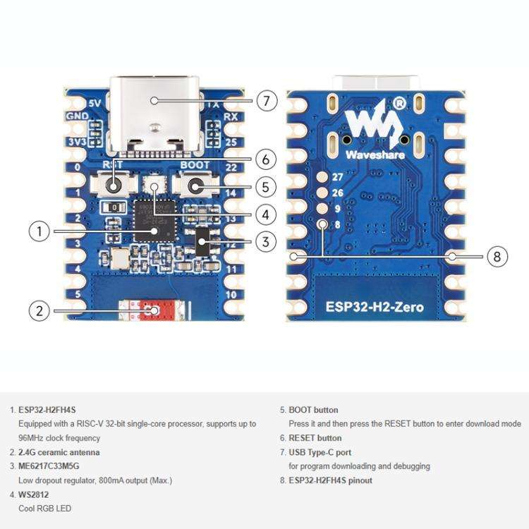 WAVESHARE ESP32-H2-Zero Mini Development Board Support Bluetooth / Zigbee / Thread Wireless Commu...