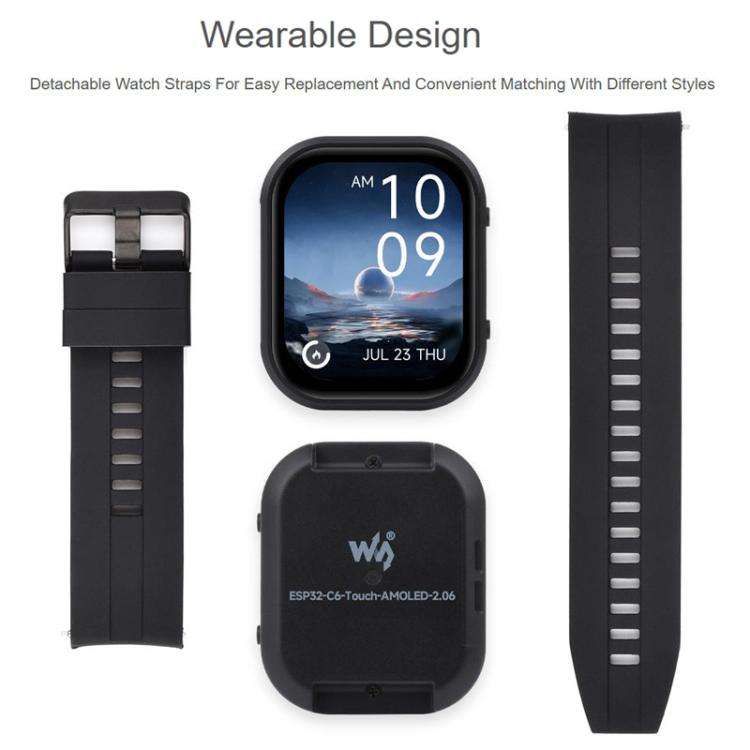 WAVESHARE ESP32-C6 2.06 Inch AMOLED Touch Watch Development Board, 410x502 Pixels, Spec: With Lit...
