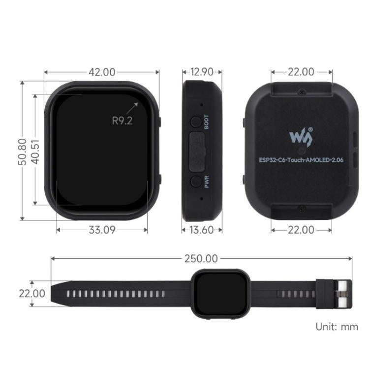 WAVESHARE ESP32-C6 2.06 Inch AMOLED Touch Watch Development Board, 410x502 Pixels, Spec: With Lit...