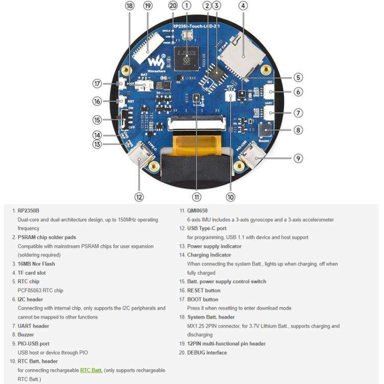 WAVESHARE RP2350 2.1 Inch Capacitive Touch Round Display Development Board, Spec: Flat
