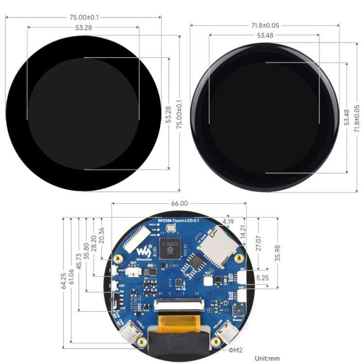 WAVESHARE RP2350 2.1 Inch Capacitive Touch Round Display Development Board, Spec: Flat