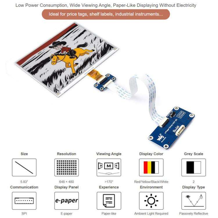 WAVESHARE 5.83 Inch E-Paper 4 Color E-Ink Display Module, Spec: Raw Display