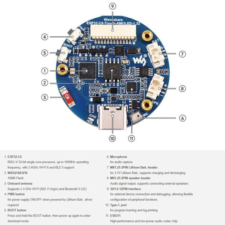 WAVESHARE ESP32-C6 1.32 Inch AMOLED Round Touch Display Development Board