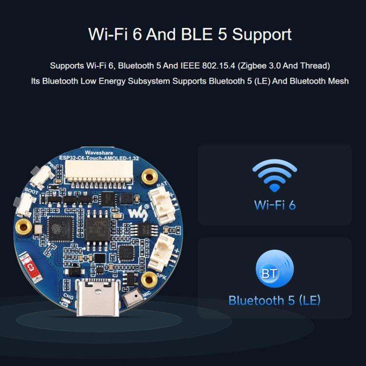 WAVESHARE ESP32-C6 1.32 Inch AMOLED Round Touch Display Development Board