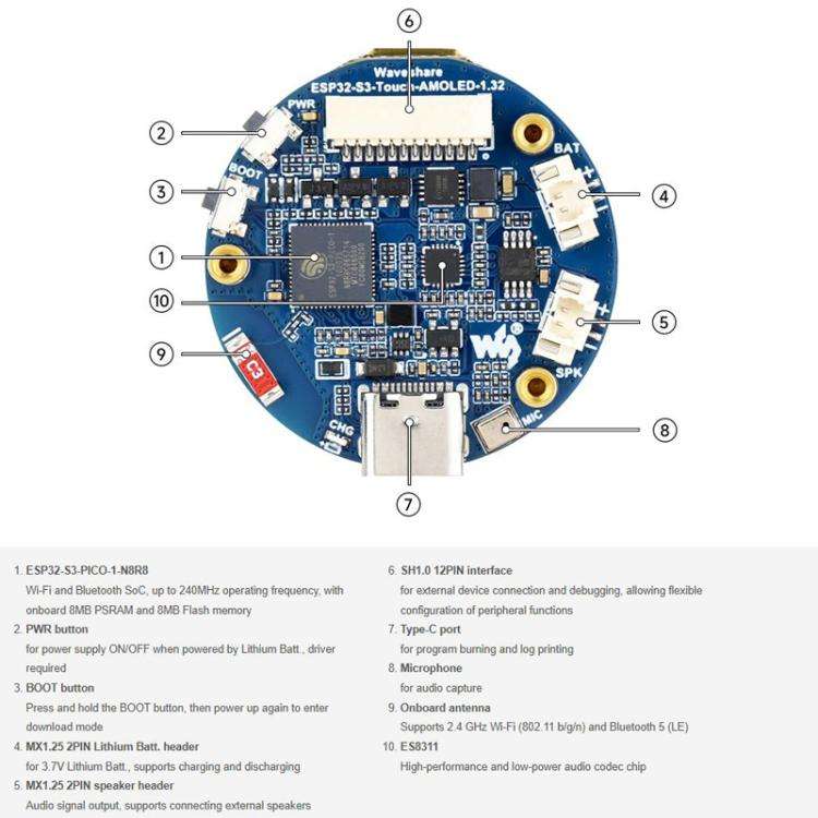 WAVESHARE ESP32-S3 1.32 Inch AMOLED Round Touch Display Development Board