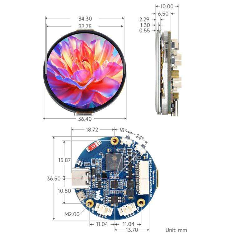 WAVESHARE ESP32-S3 1.32 Inch AMOLED Round Touch Display Development Board