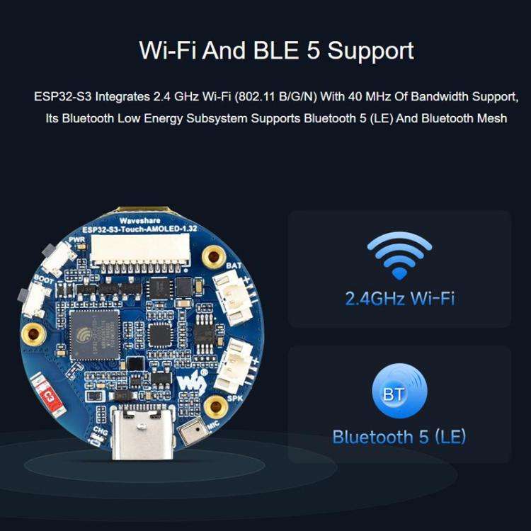 WAVESHARE ESP32-S3 1.32 Inch AMOLED Round Touch Display Development Board
