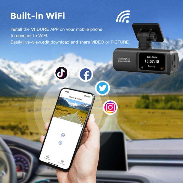 4K Dual Recording WiFi Smartphone Connected Car Dash Cam, Specification: Front+Inside+GPS Track