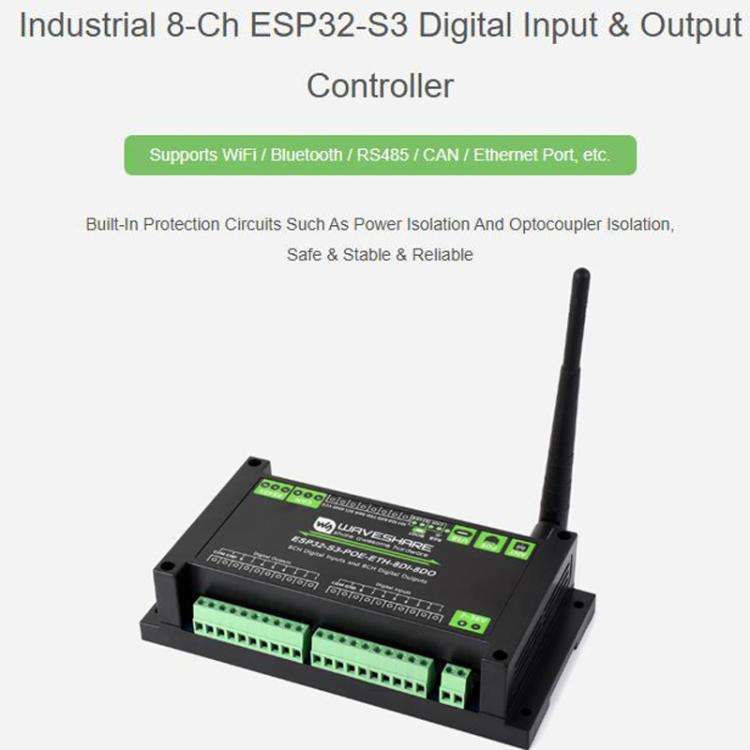 Waveshare ESP32-S3-POE-ETH-8DI-8DO Control Board With 8-Channel Digital Input & Output, Built-In ...