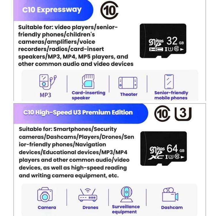 High Speed C10 Memory Card Car Recorder Camera Memory Card, Capacity: 32G(Black)