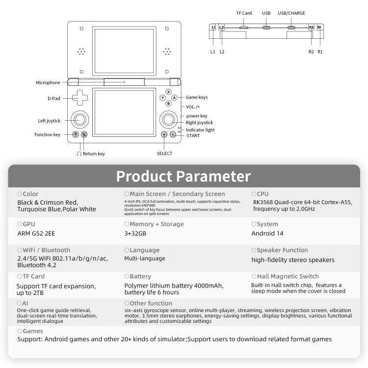 ANBERNIC RG DS Flip Dual-Screen Handheld Game Console 4-Inch IPS Touchscreen AI Gaming Device 3+3...