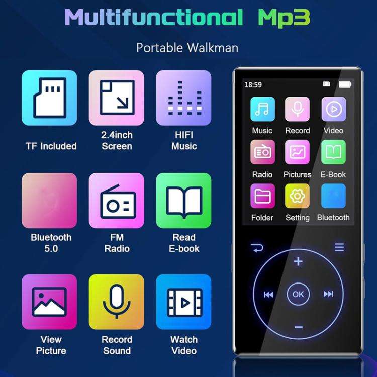 2.4 inch Colorful Screen MP3 Music Player With Bluetooth 5.0 Speaker, Memory Capacity: 16GB(Black)