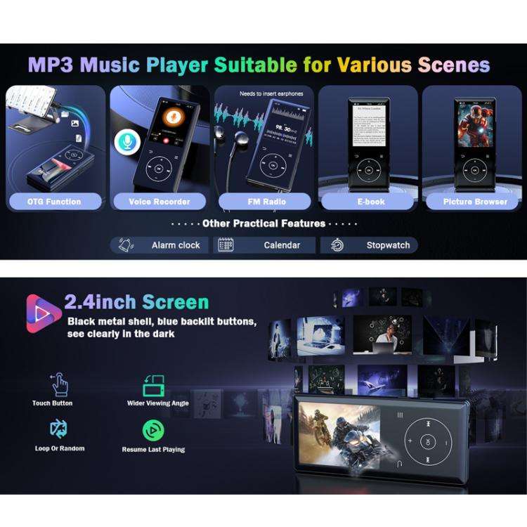 2.4 inch Colorful Screen MP3 Music Player With Bluetooth 5.0 Speaker, Memory Capacity: 16GB(Black)