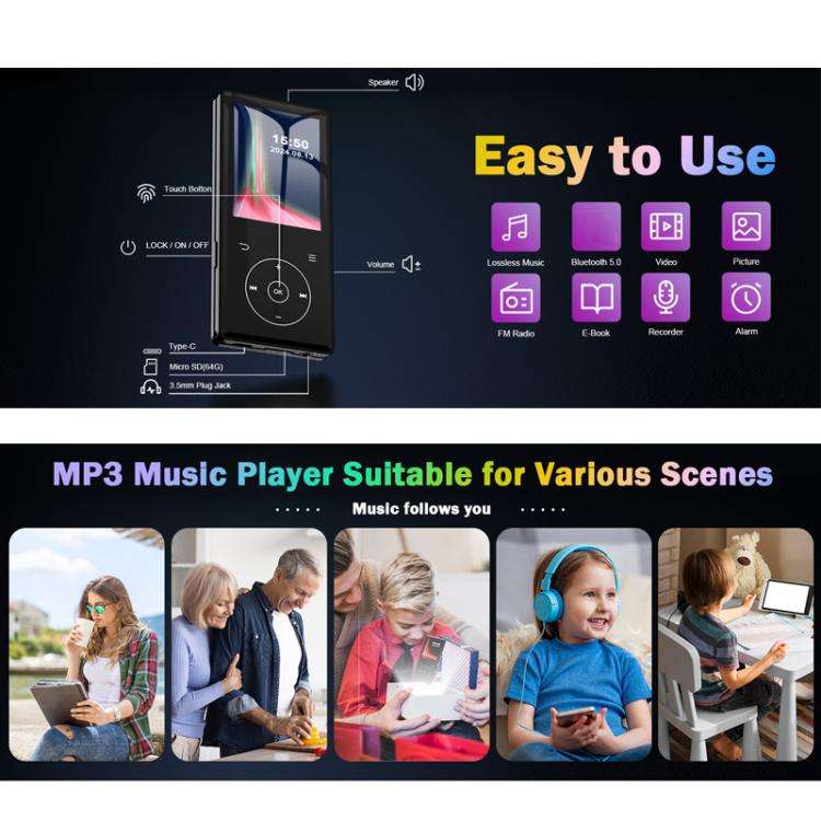 2.4 inch Colorful Screen MP3 Music Player With Bluetooth 5.0 Speaker, Memory Capacity: 16GB(Black)
