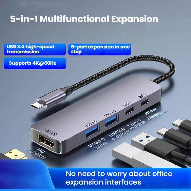 T615 Type-C 5 In 1 Docking Station HDMI 4K 60Hz Screen Mirroring Converter USB 3.0 Splitter Lapto...