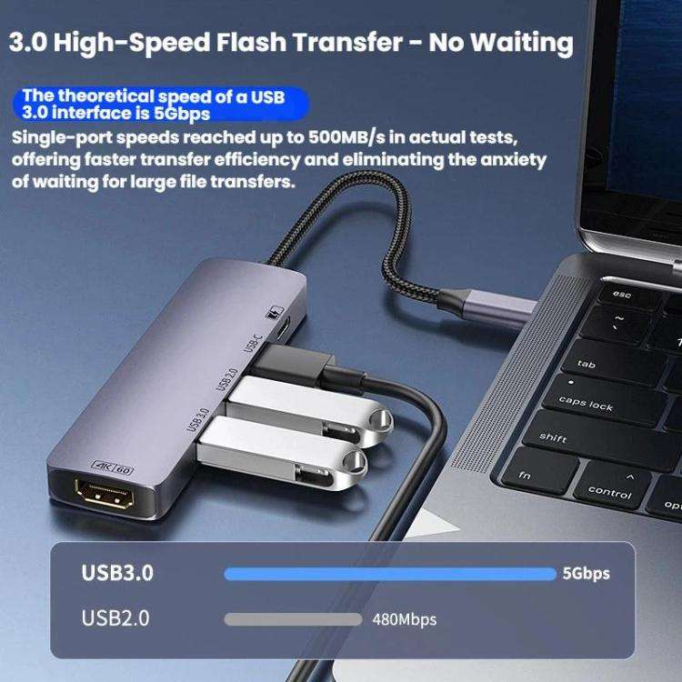 T615 Type-C 5 In 1 Docking Station HDMI 4K 60Hz Screen Mirroring Converter USB 3.0 Splitter Lapto...