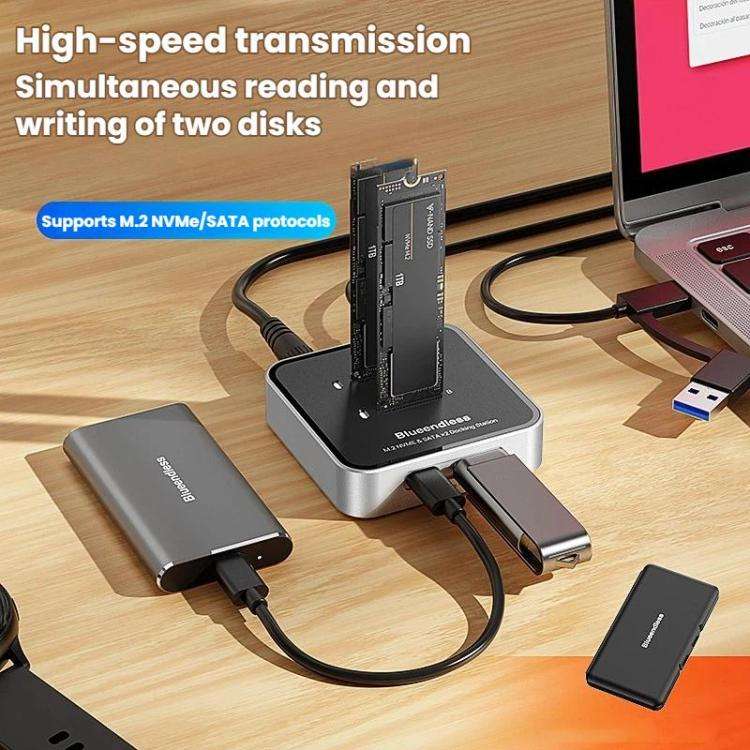 Blueendless SD09 Dual-Bay M.2 Dual-Protocol Drive Enclosure NVMe/SATA SSD Case UK Plug